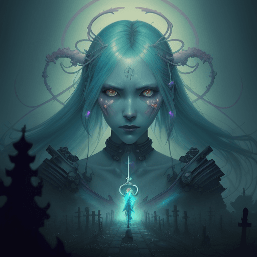 AI generated: japanese graveyard full of whisps and ghosts , clean, easy + cyberpunk + final fantasy + mythologica...