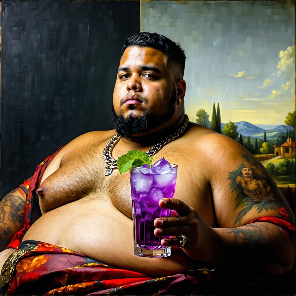 AI generated: dangerously obese american rapper without a beard and with short hair, holding a purple drink, renai...
