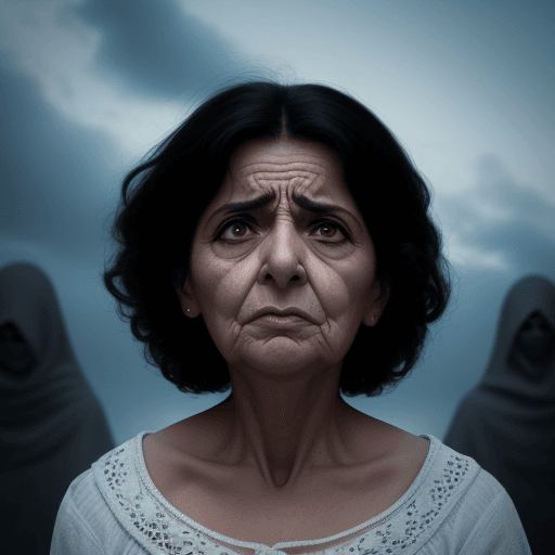 AI generated: una señora gritando de miedo, mirando al cielo, rasguñandose la cara y el fondo que este de color ne...