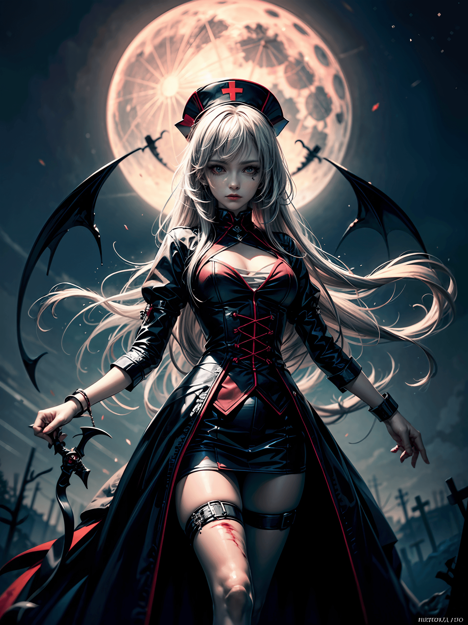 AI generated: a woman with long white hair standing in front of a full moon, a detailed painting, featured on pixi...