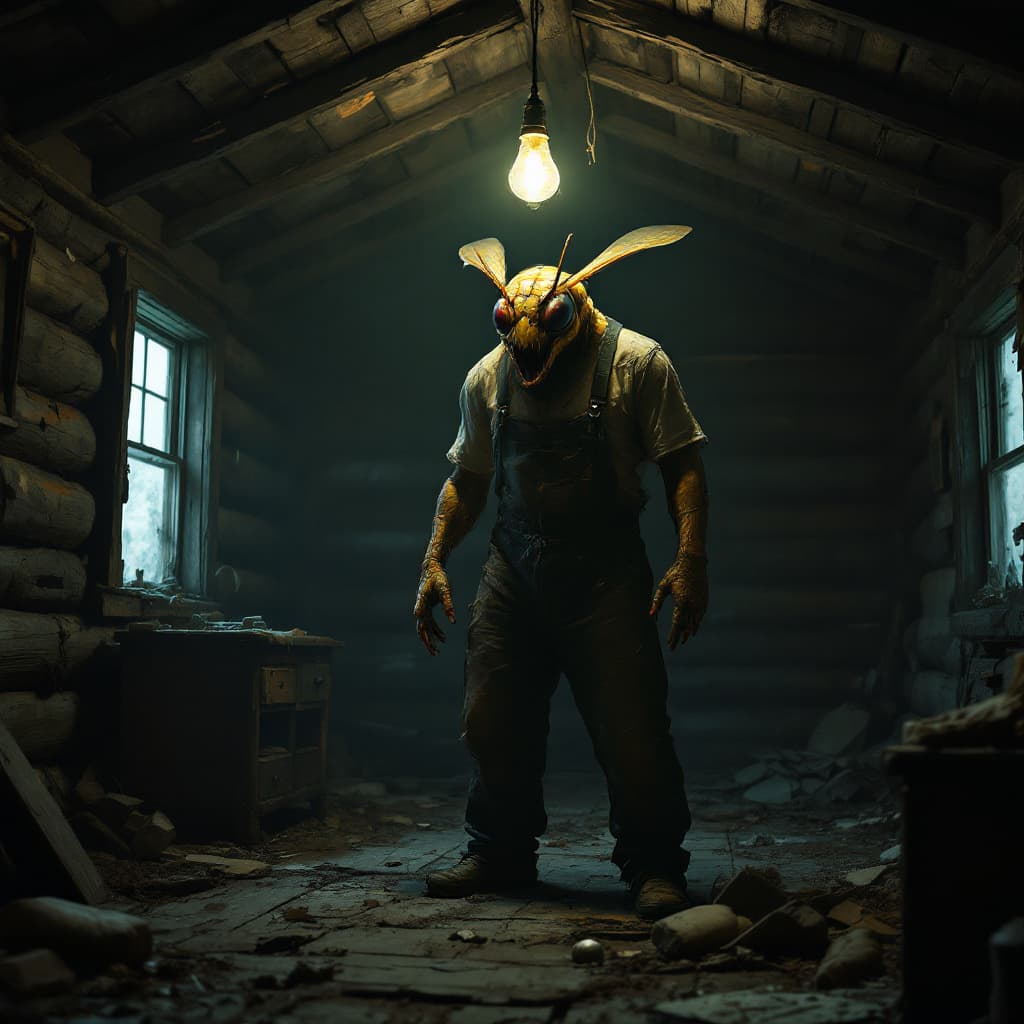 AI generated: A menacing scene inside a run-down log cabin, dimly lit by a single flickering light bulb hanging fr...