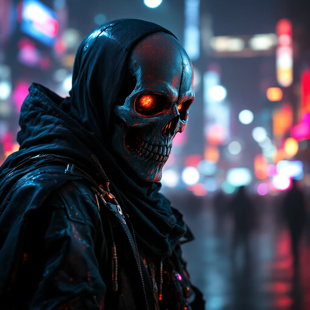 AI generated: cyberpunk skull grandma with cybercore battle outfit, mean face, dynamic pose, full body shot, black...