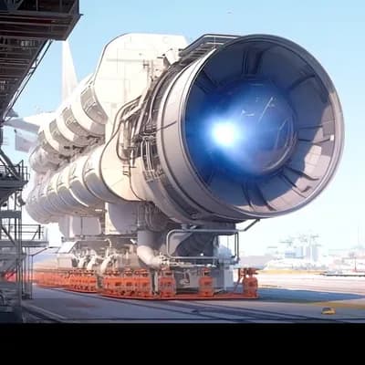AI generated video: the test of a warp engine, the engine produces a blueish light from one end