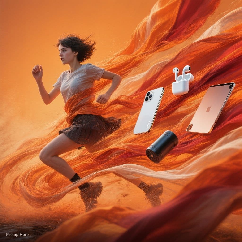 AI generated: A dynamic, high-energy advertisement showcases a young woman in motion, surrounded by sleek electron...