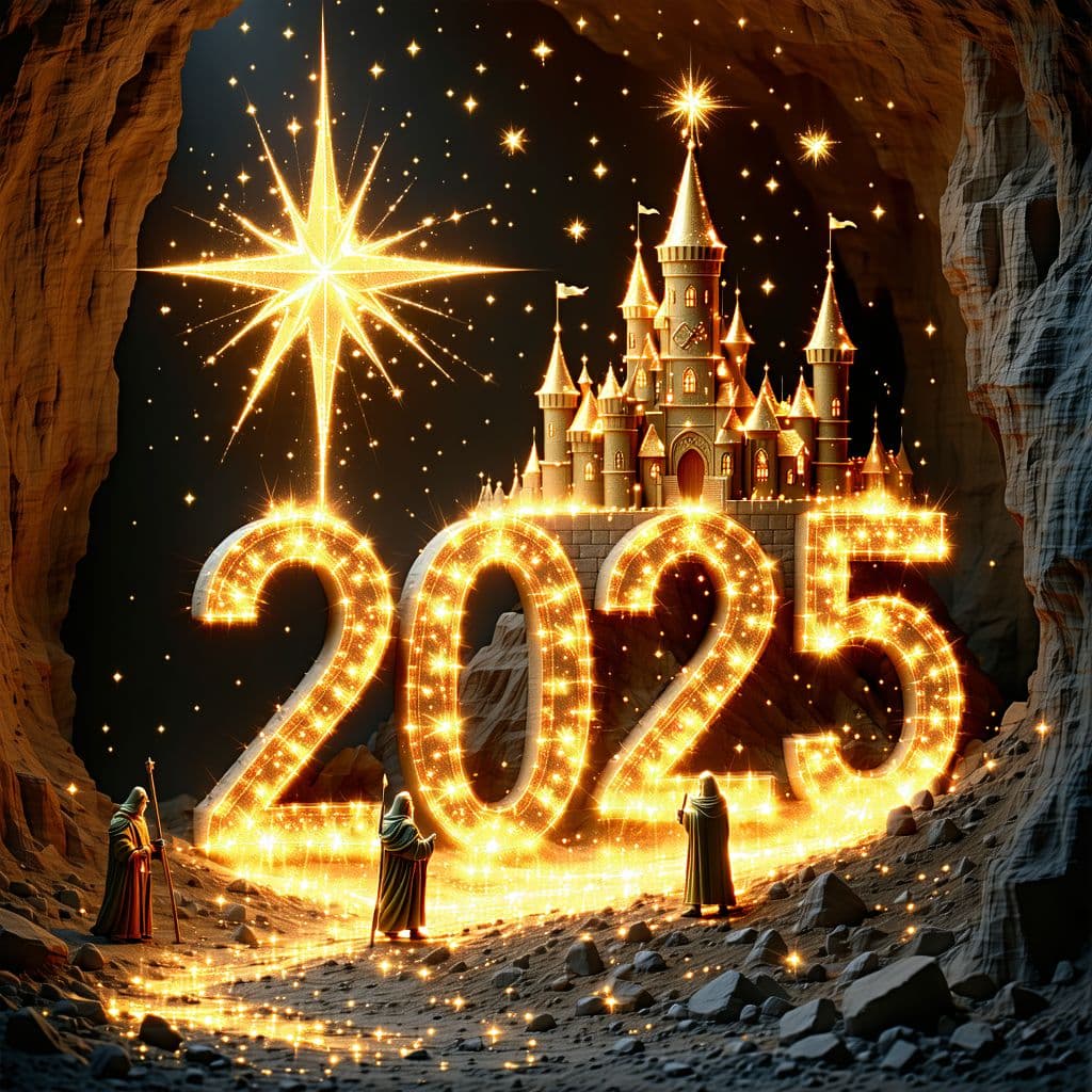 AI generated: Draw me the number 2025 in 3D and in a very shiny gold color reaching the goal in a starry environme...