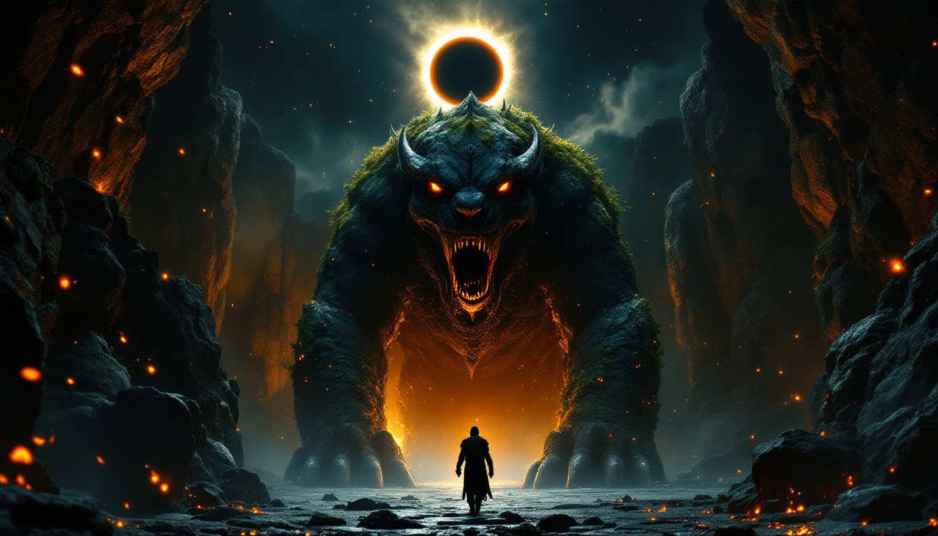 AI generated: rock guaiterist. Between the Claws of a Gargantuan Stone Beast
The shot is framed between the massiv...