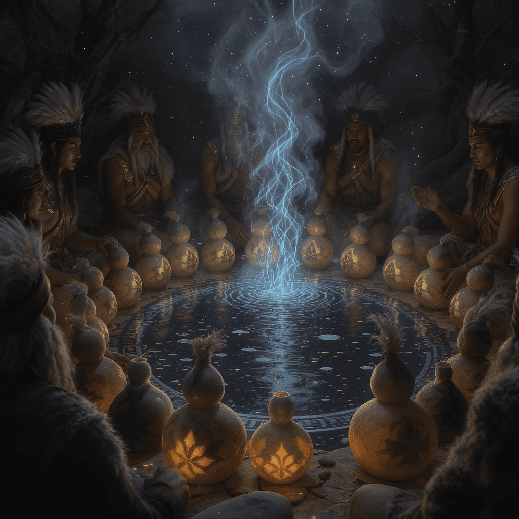 AI generated: A gathering of tribal seers around a ring of carved gourds, each filled with glowing water and refle...