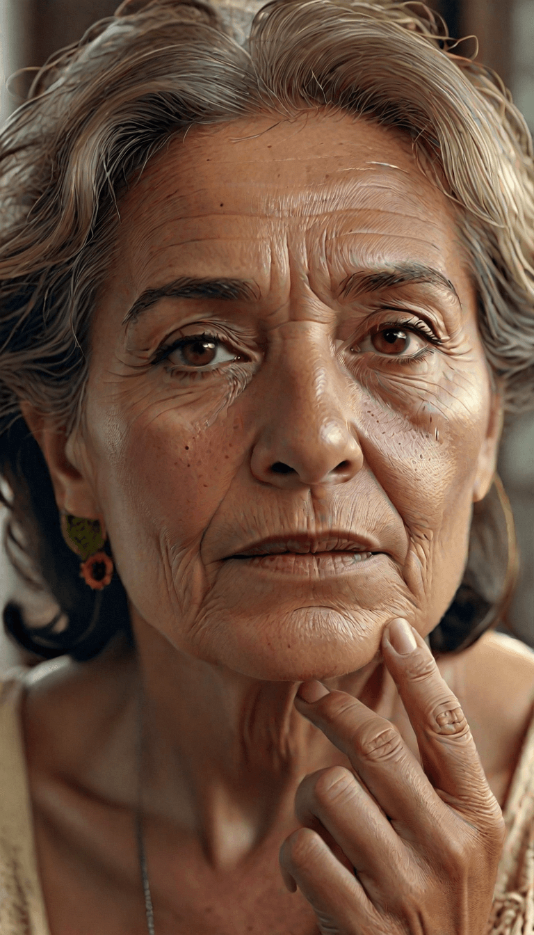 AI generated: A close up of a old latin woman with medium hairstyle, slightly tanned, natural lighting, highly det...