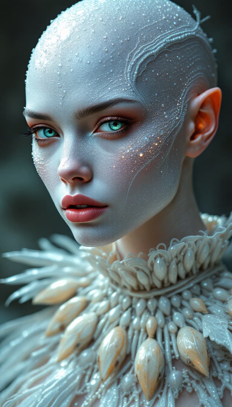 AI generated: A beautiful, bald woman with skin made entirely of shimmering pearl texture, mystical look, insectoi...