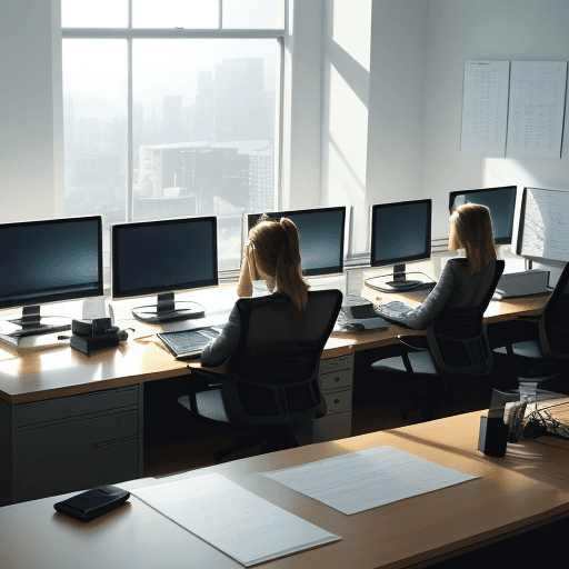 AI generated: Imagine an image that depicts a person sitting at a sleek desk with multiple computer monitors. The ...