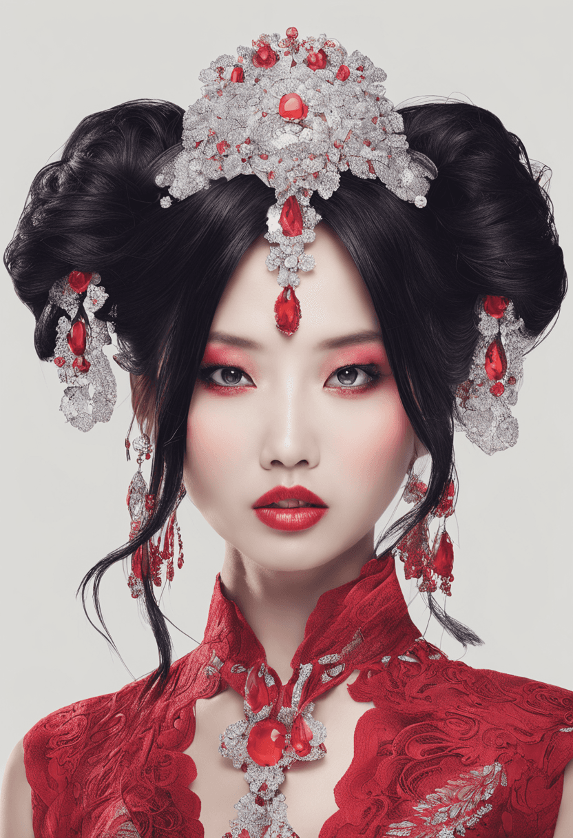 AI generated: [Ruby lady, Asian lady] all in red, pretty makeup, elegant, nice clothes, facial closeup, ~*~Enhance...