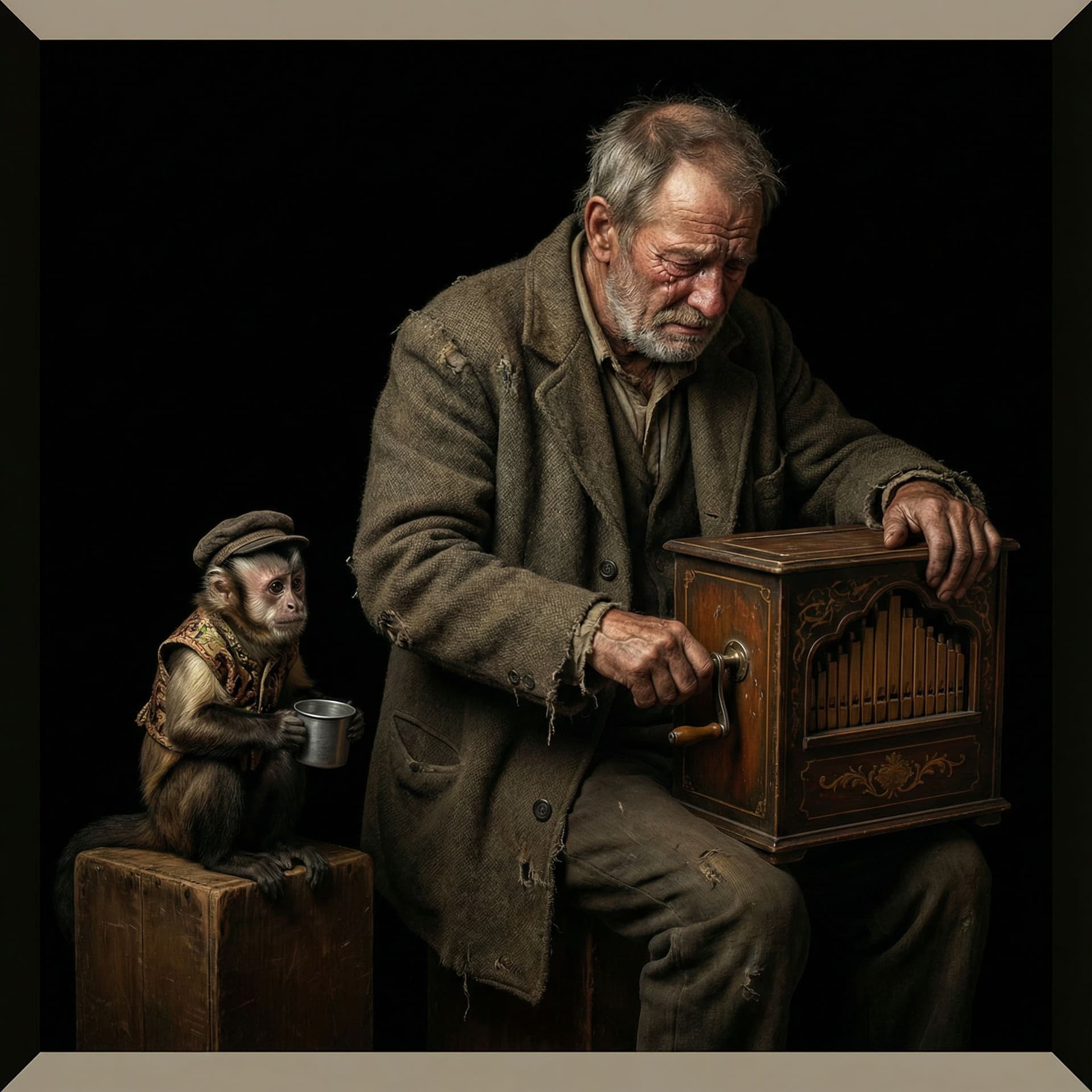 AI generated: pitch black background, with a little old organ grinder playing his organ, he has a tear in his eye ...