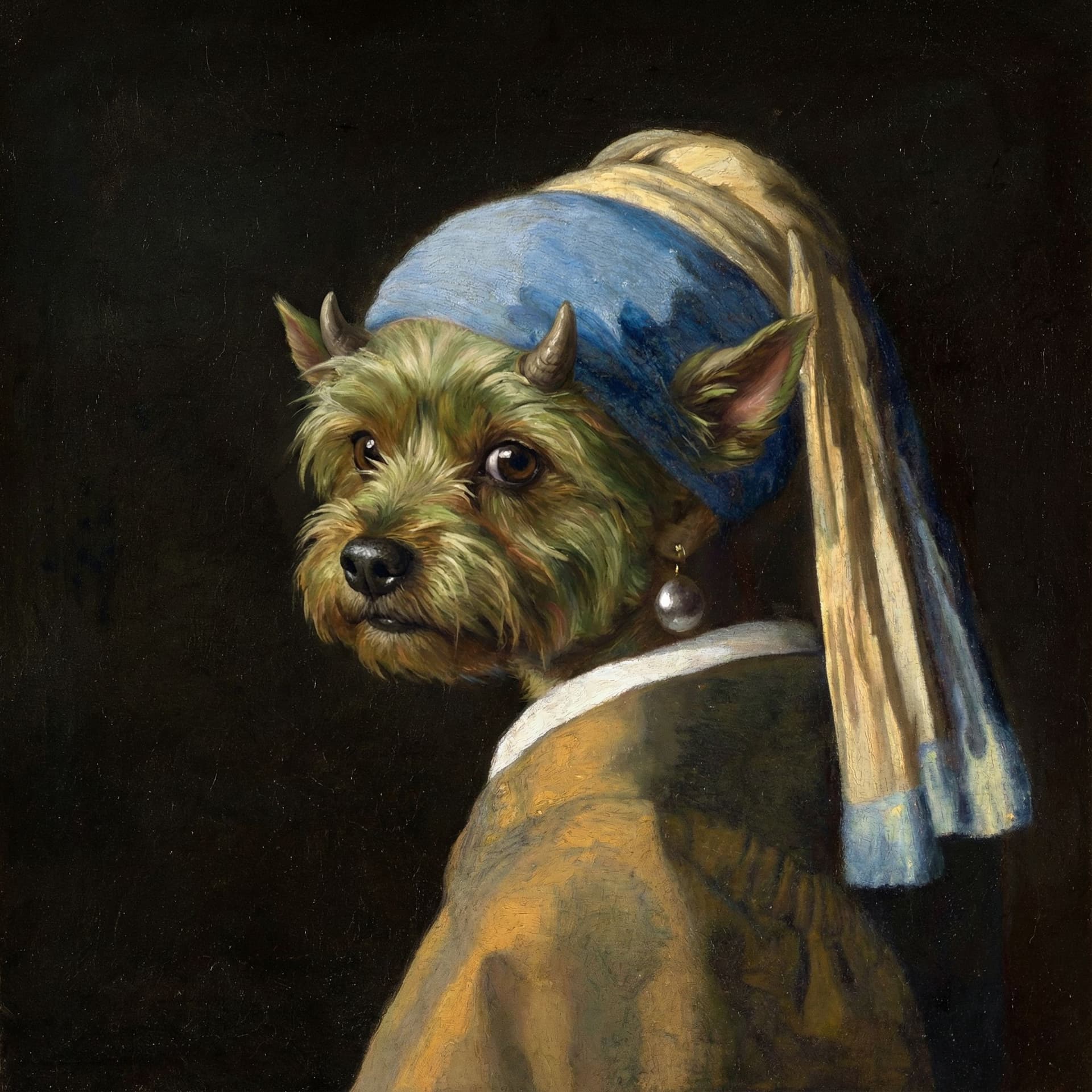 AI generated: Image inspired by Johannes Vermeer's 'Girl with a Pearl Earring', reimagined with the dog face of th...
