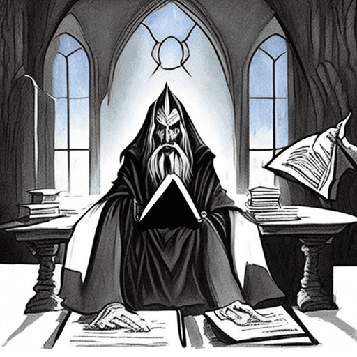 AI generated: A fantasy illustration. frontal view. slighty seen from below. an evil saruman with a flat uniform b...