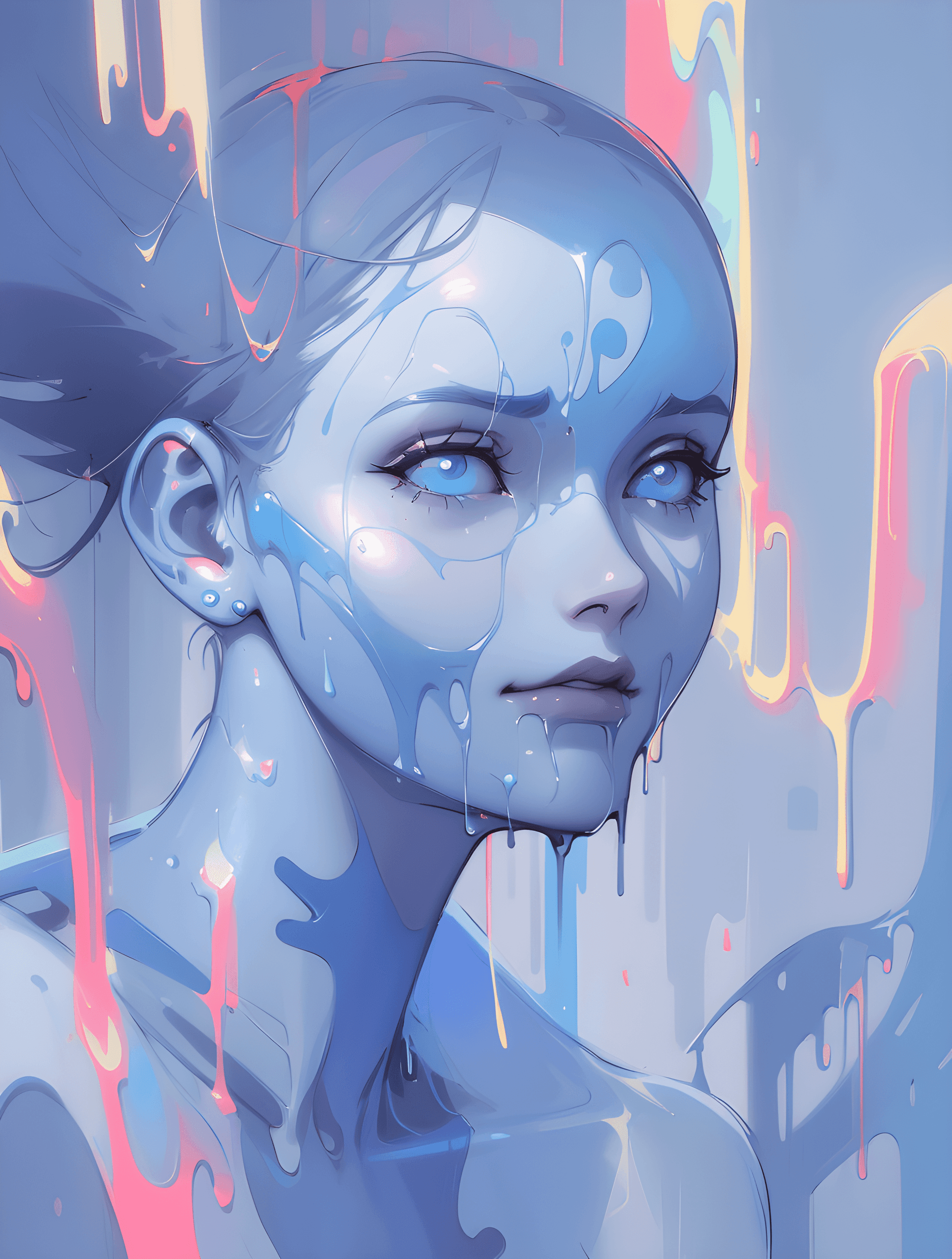 AI generated: a painting of a woman with dripping paint on her face, a digital painting, inspired by Yanjun Cheng,...