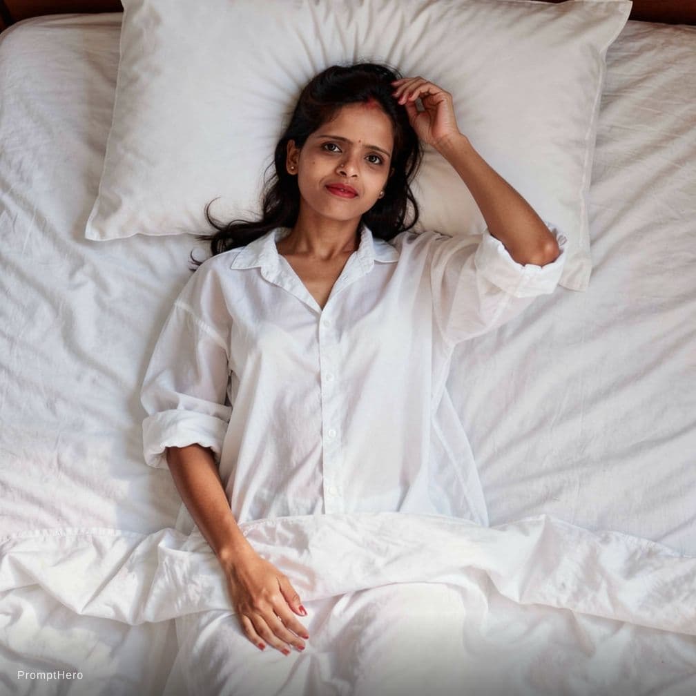AI generated: .....Scene: Inside a modest motel room, on the bed amid rumpled white sheets. She lies back against ...
