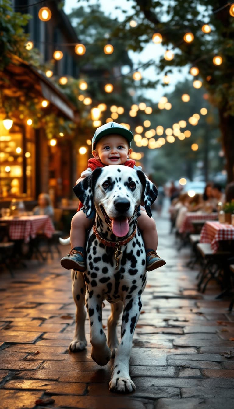 AI generated: tiny baby in baseball cap riding huge gentle dalmatian through local pizza parlor, brick oven glowin...