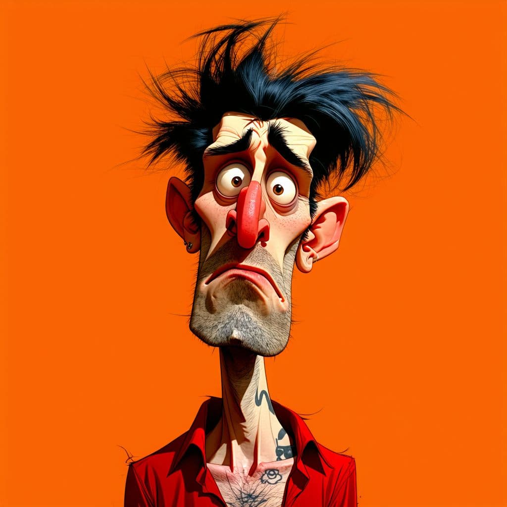 AI generated: A caricature of a man with exaggerated features is set against a vibrant orange backdrop. His skin i...