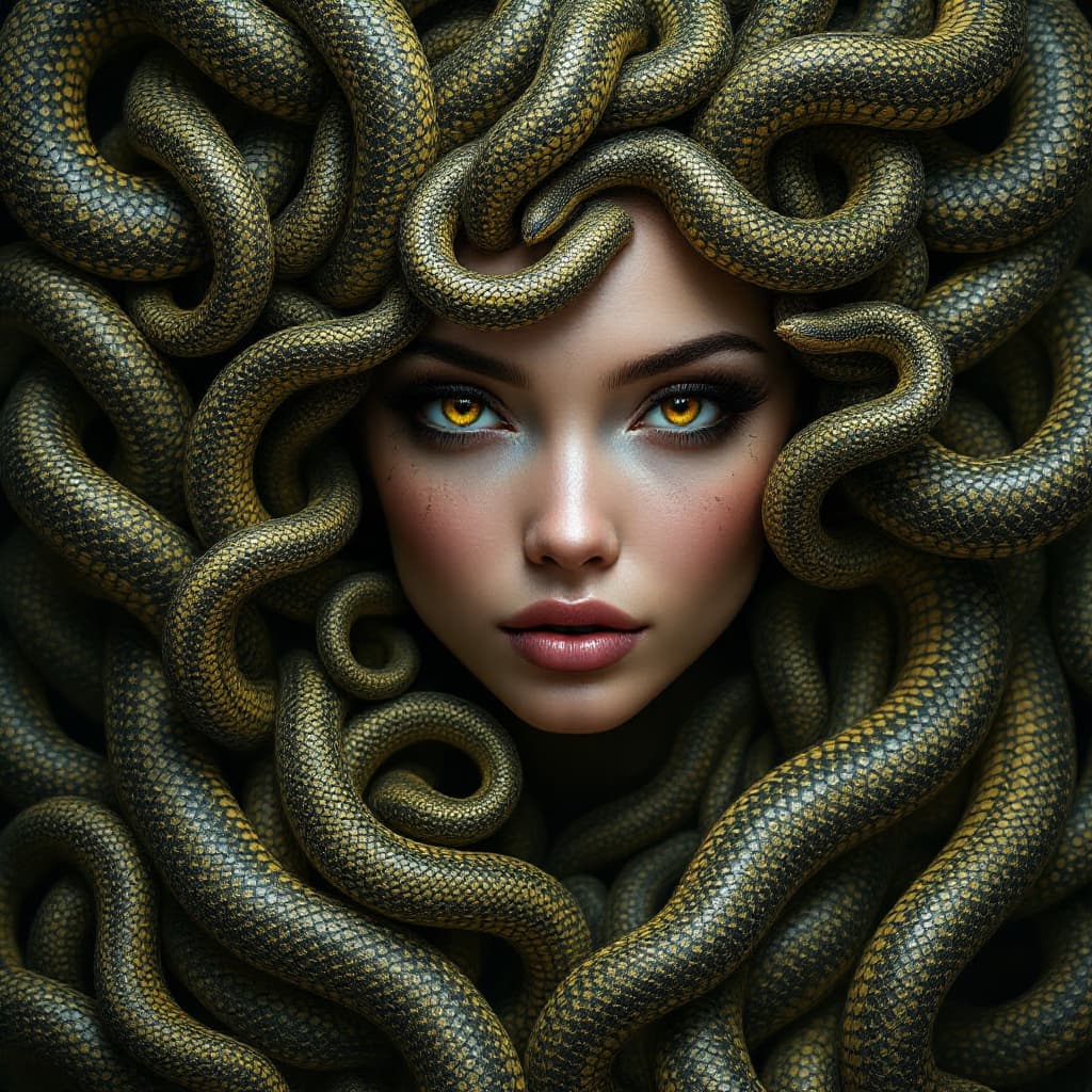 AI generated: A photorealistic full face portrait of an stunningly beautiful medusa woman, instead of hair she has...