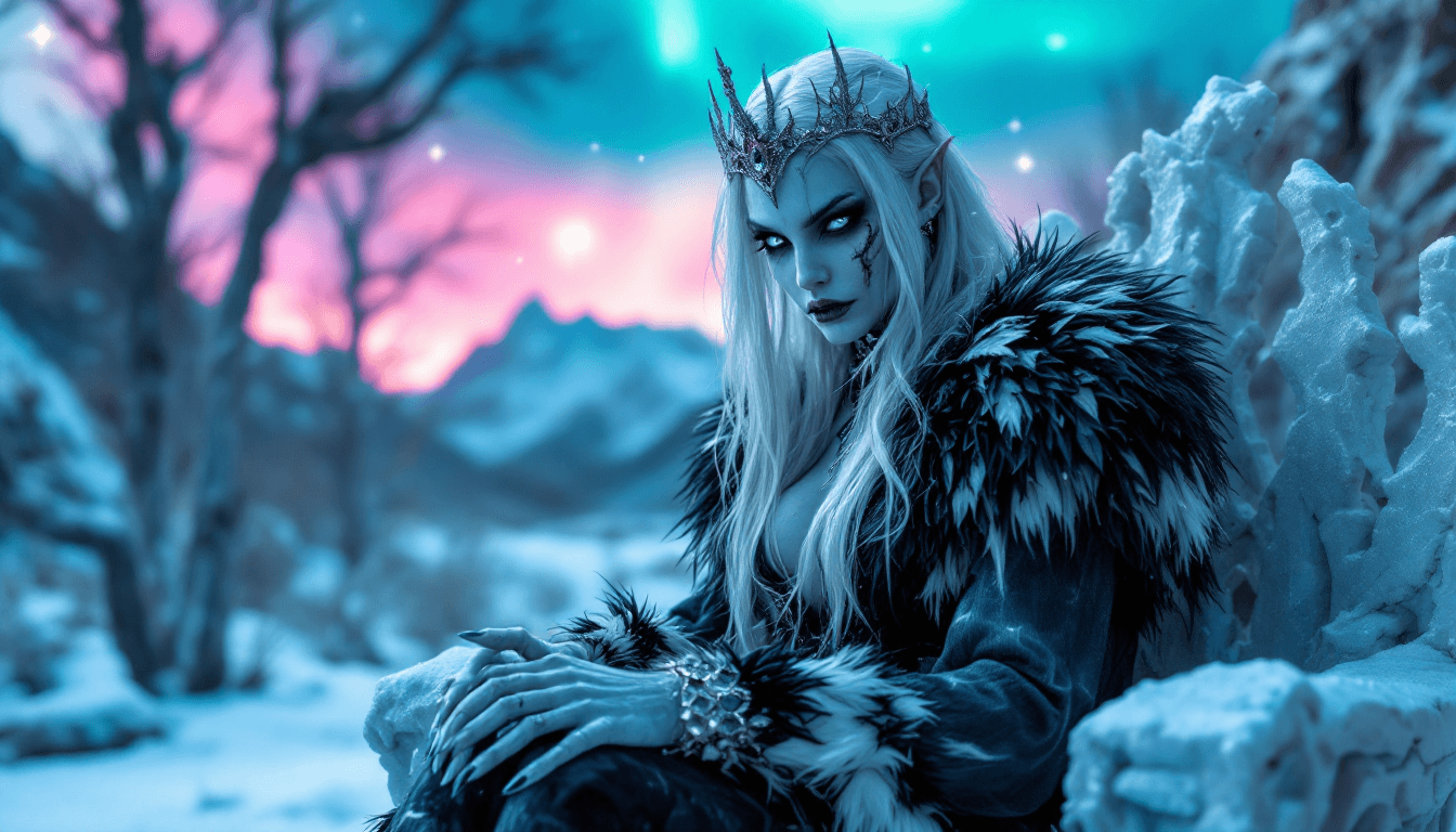 AI generated: 4K, magazine photo shoot quality image of a beautiful 23-year-old platinum blonde ice witch with pie...