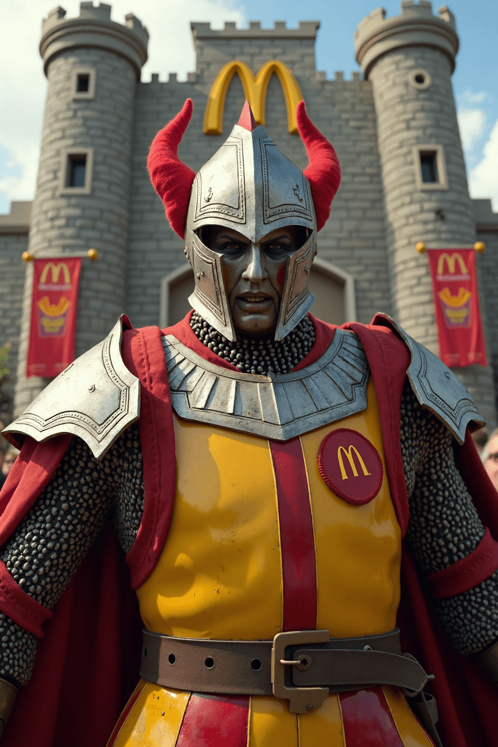 AI generated: A warrior knight, Ronald McDonald, donned in intricate McDonald’s-themed armor. His armor is red and...