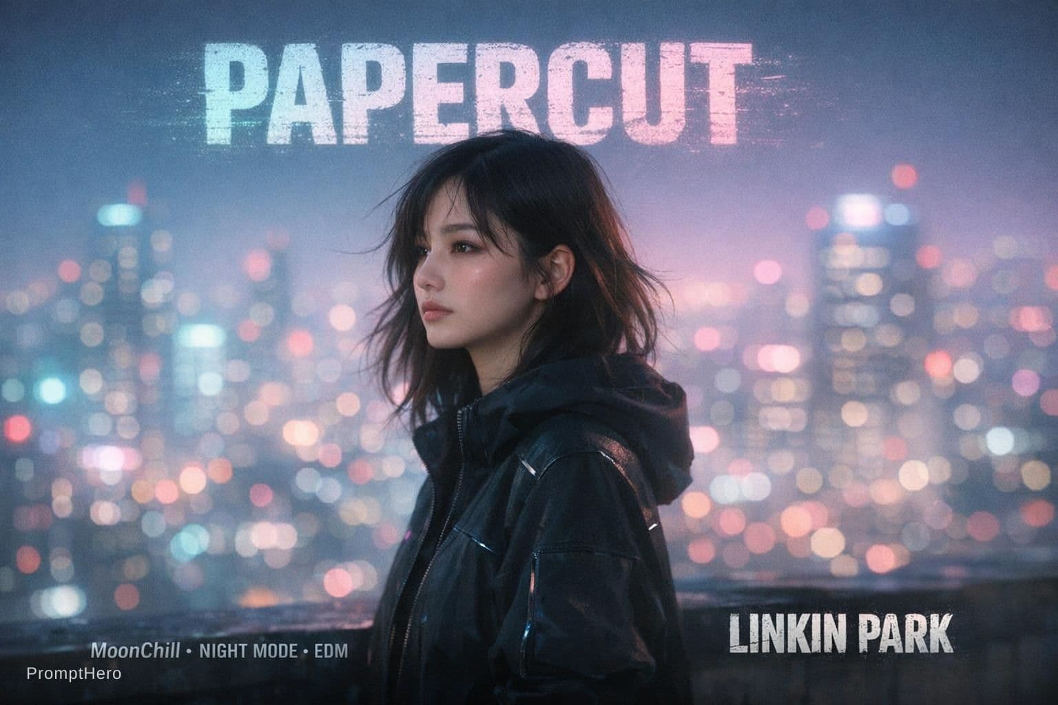 AI generated: { "meta": { "aesthetic_goal": "Ultra Realistic Cinematic Music Cover / Soft Cyberpunk Pastel", "vibe...