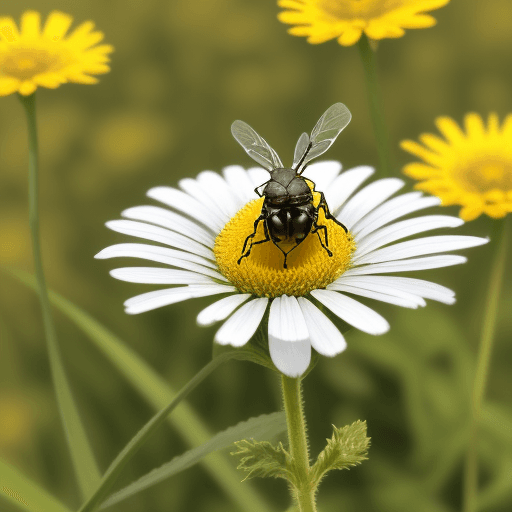AI generated: ein Marienkäfer sitz auf einer Blüte, eine Biene fliegt, Sonne scheint, Morgenstimmung, Wiese mit ge...