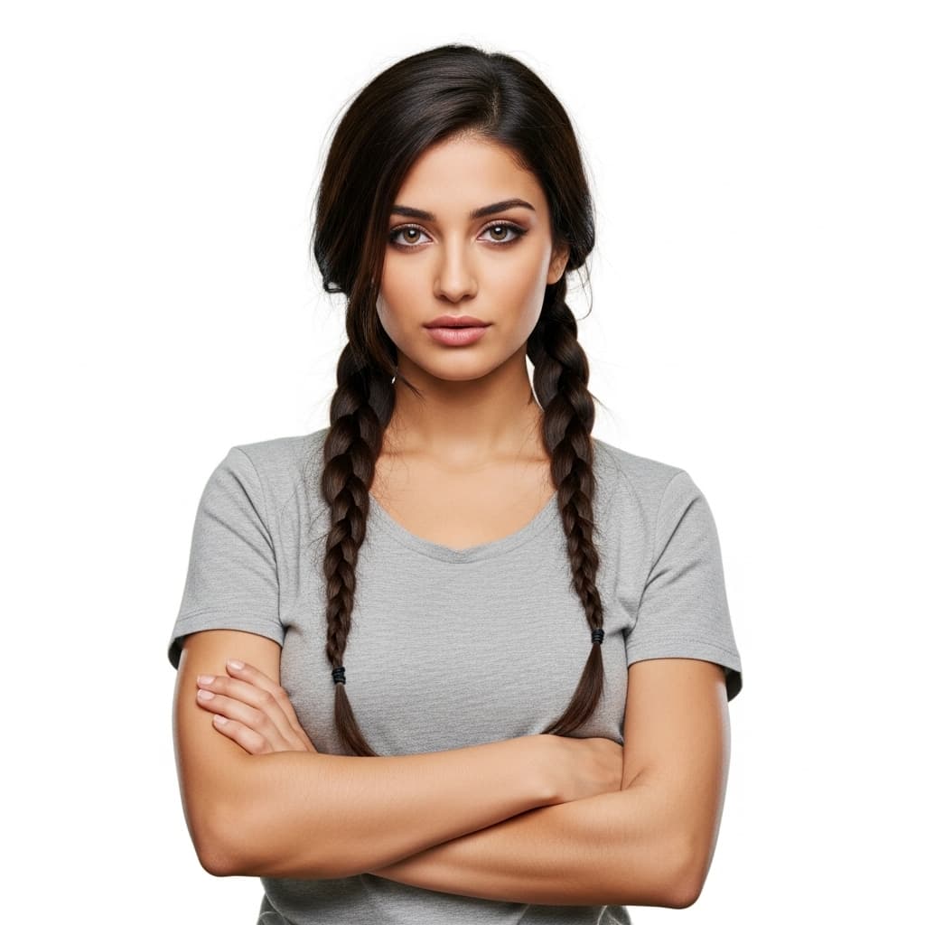 AI generated: Objectively beautiful arab woman standing with her hands crossed brunette hair objectively beautiful...