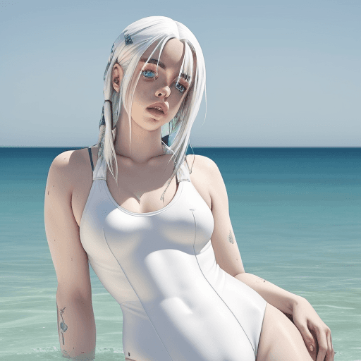 AI generated: Billie Eilish with white hair in a swimsuit