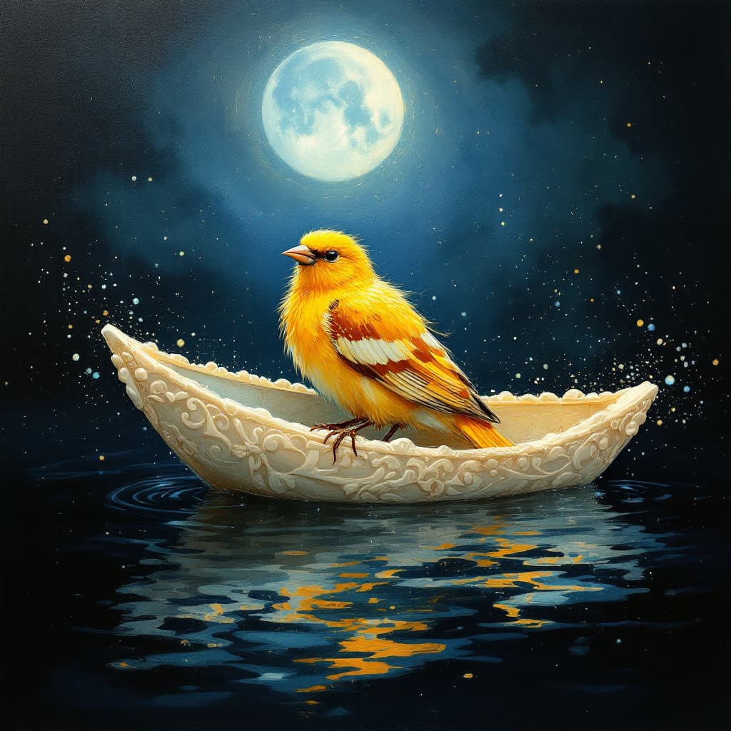 AI generated: "A lone canary, adorned in a resplendent plumage of cadmium yellow, burnt orange, and ivory white, p...