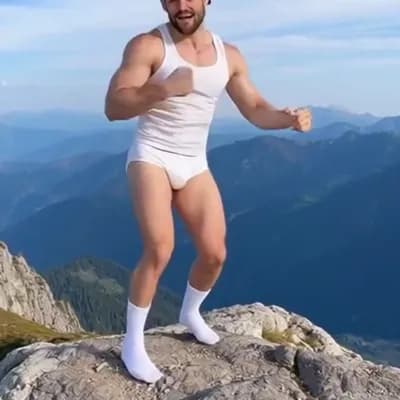 AI generated video: a man wearing white briefs with a white tank top and a black revers ball cap and white ankle socks d...