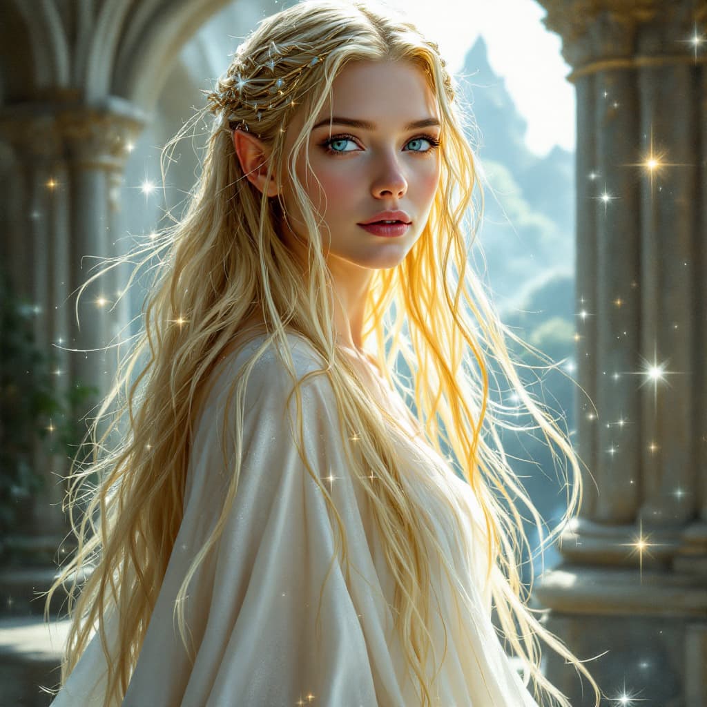 AI generated: "Create a highly detailed depiction of Galadriel, the regal and ethereal Elven queen from J.R.R. Tol...