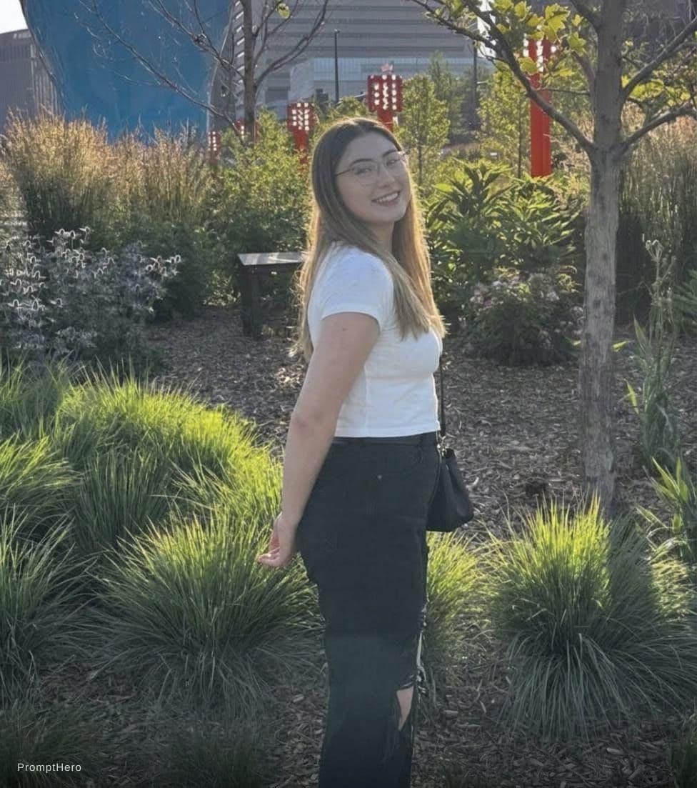 AI generated: Make girl in photo standing sideways but still looking back at camera. 