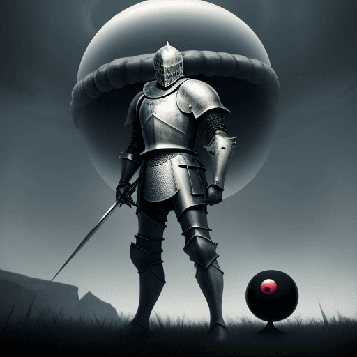 AI generated: Knight standing against Giant flying eyeball 