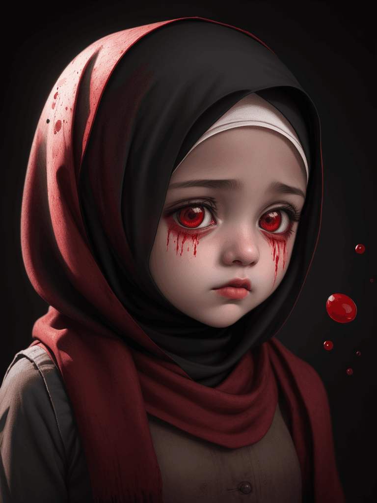 AI generated: blood drops on a cute little girl, wear hijab, dramatic light, sad emotion mood, realistic detail, r...