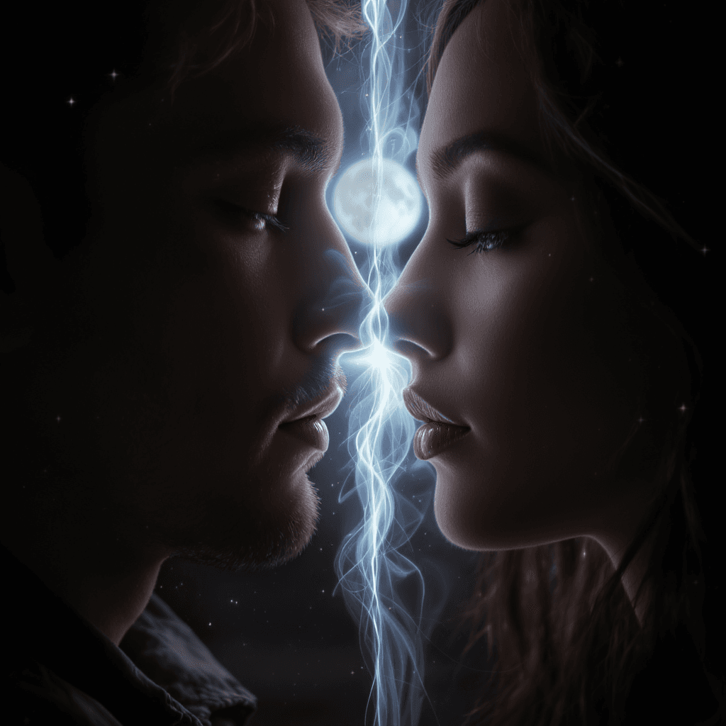 AI generated: a cinematic close-up of two faces, a man and a woman, almost touching but separated by soft transpar...