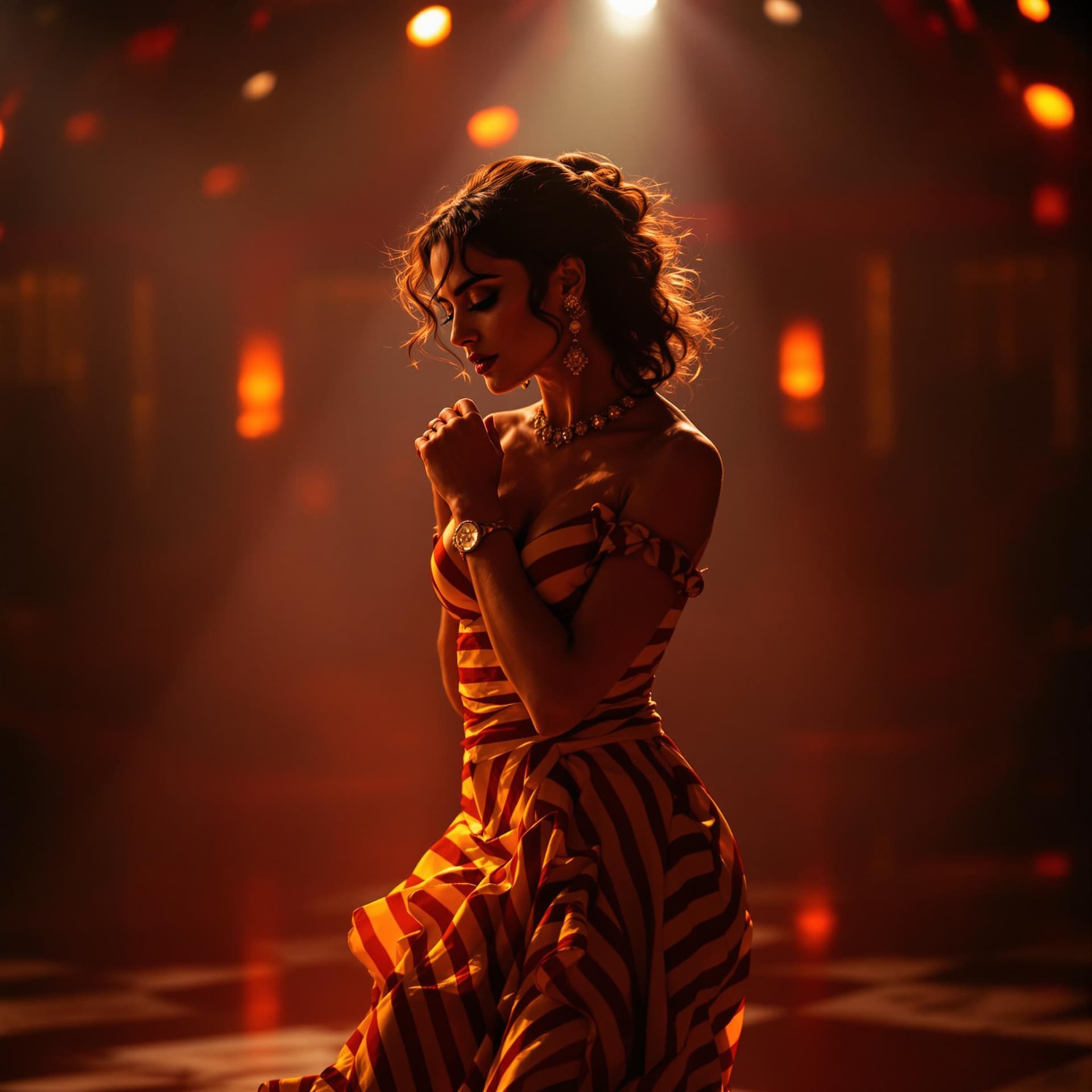 AI generated: photo of Penélope Cruz, in a Spanish flamenco dance floor, passionate Indian beauty, flamenco dancer...