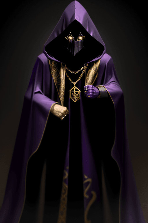 AI generated: Shadow wizard money gang, in purple cloak hood, dark face, gold chains and jewellery