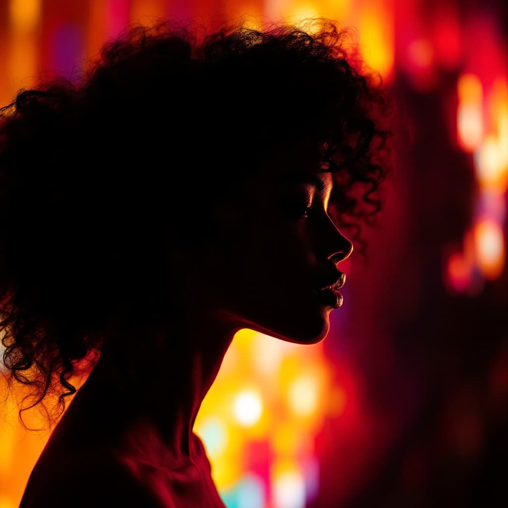 AI generated: portrait. power of contrast, woman model profile silhouette of a vibrant randomly color backdrop, li...