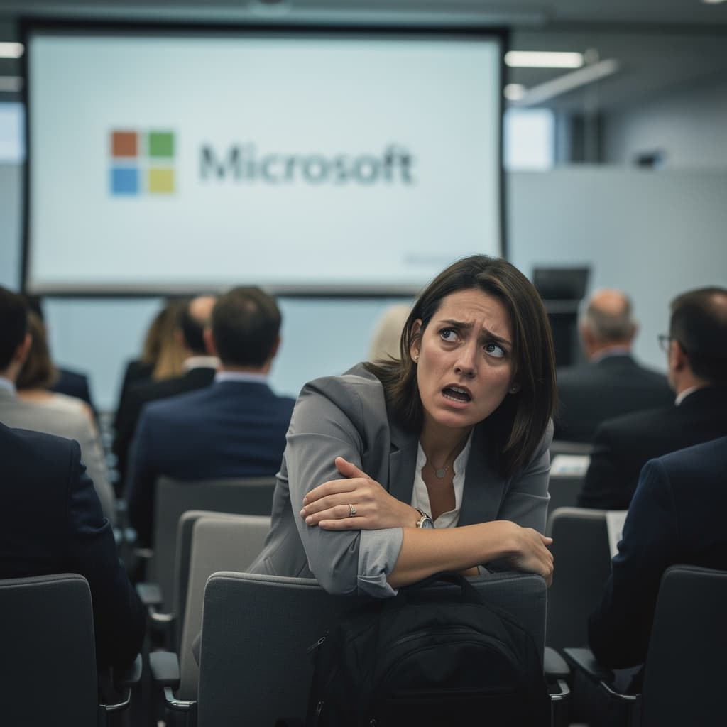 AI generated: A woman looking completely bored and uninterested sitting in the audience at a Microsoft corporate p...