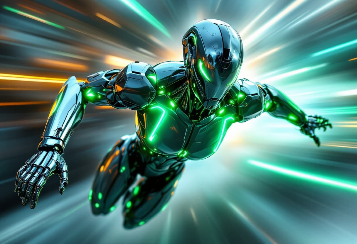 AI generated: Futurist Speed Demon humanoid robot, aerodynamic design with sharp metallic edges, glowing neon vein...