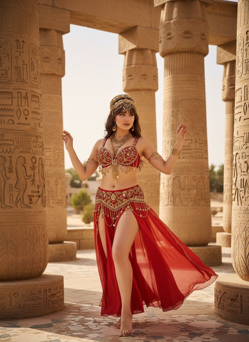 AI generated: In a vibrant desert temple adorned with ornate columns, stands the uploaded woman, her presence as e...