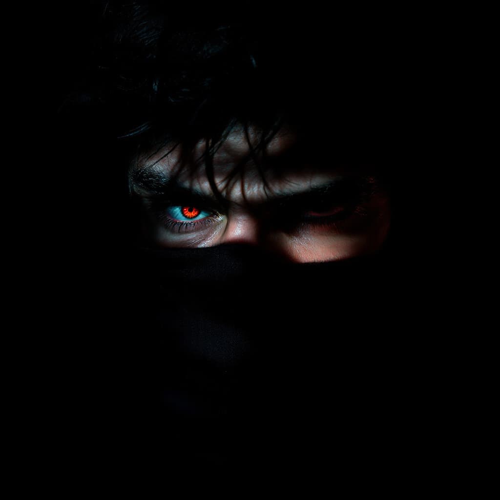 AI generated: dramatic portrait of a man, his face partially obscured by a shadow against a black background, myst...
