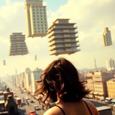 AI generated video: Transform this surreal cityscape into a dynamic and immersive animation. Start by animating the woma...