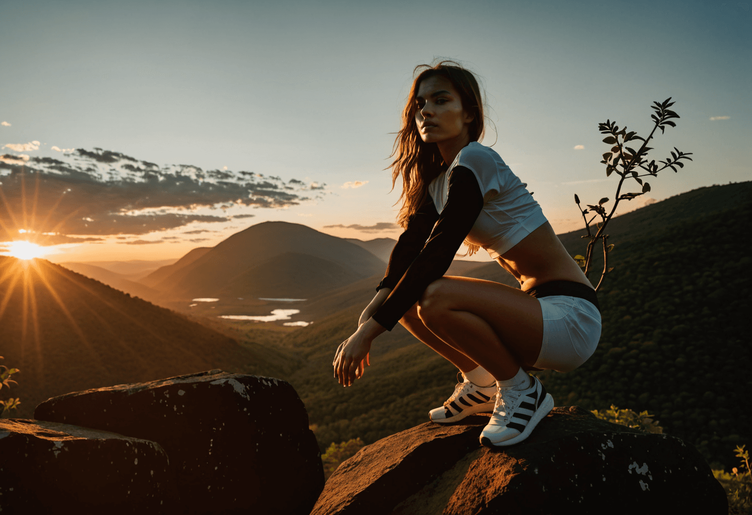 AI generated: silhouette style full body of a woman in white crop top shirt and short shorts posing on a boulder o...