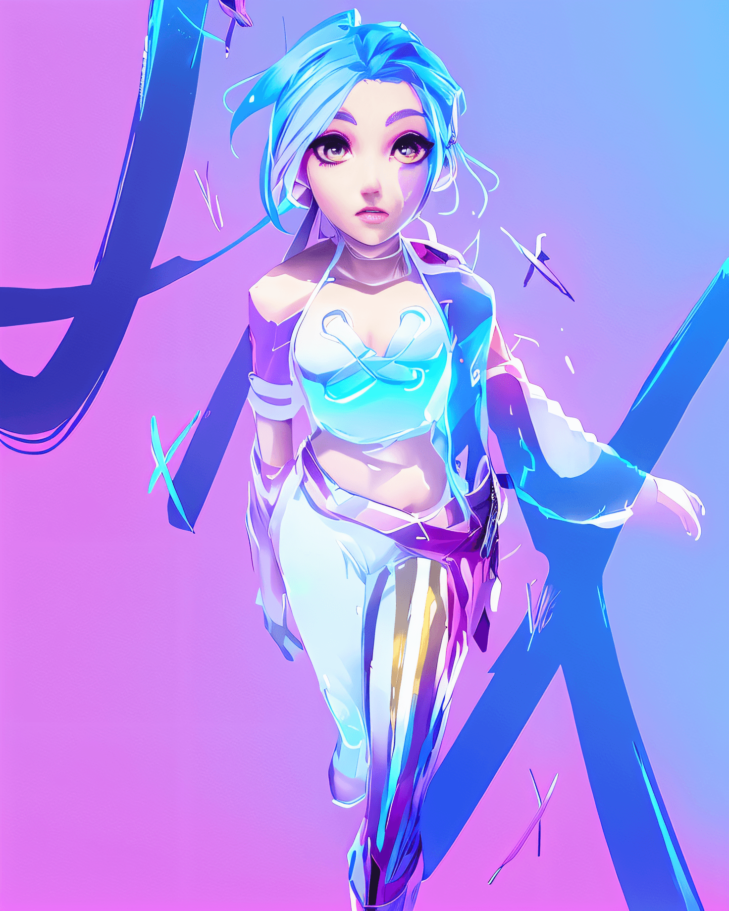AI generated: a cartoon girl with blue hair and a pink outfit, portrait of jinx from arcane, jinx from arcane, jin...