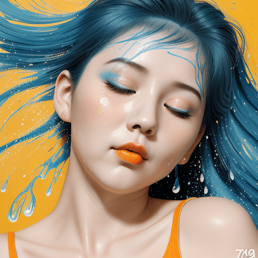 AI generated: a girl with blue hair with eyes closed, in the style of the stars art group (xing xing), yellow and ...