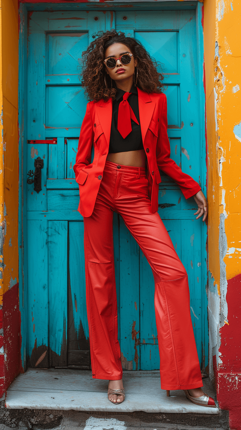 AI generated: fashion cover, front view, full-body, woman model, colorful wall, red suit, black shirt, red tie, re...
