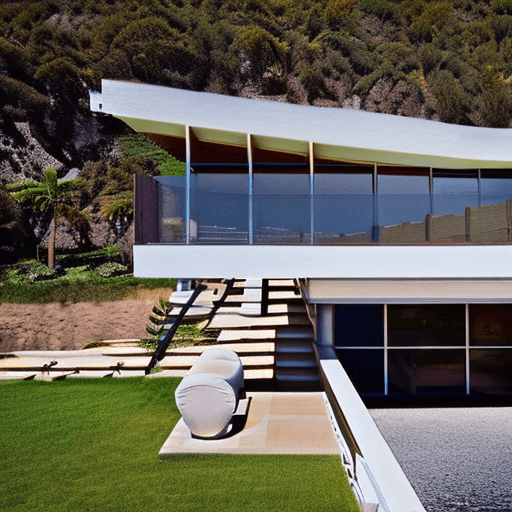 AI generated: Hyper realistic eye level exterior photo of a mid century modern style house overlooking the ocean, ...