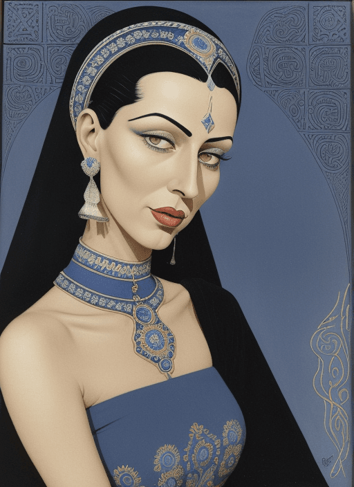 AI generated: Kay Nielsen, Basil Gogos, Alberto Savinio, James Gurney, Surrealism, close-up of a Morrocan woman in...
